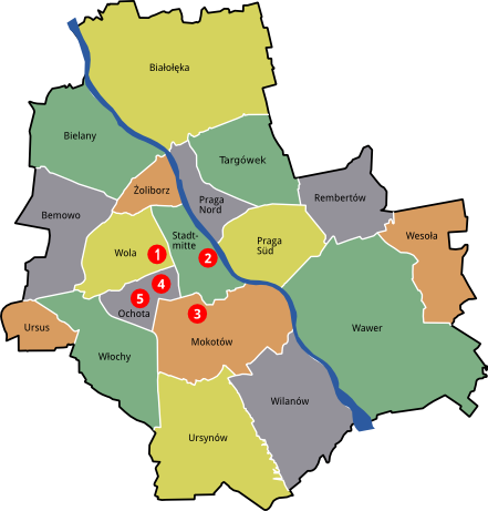 Warschau, die roten Kreise zeigen die Lage der Ferienwohnungen